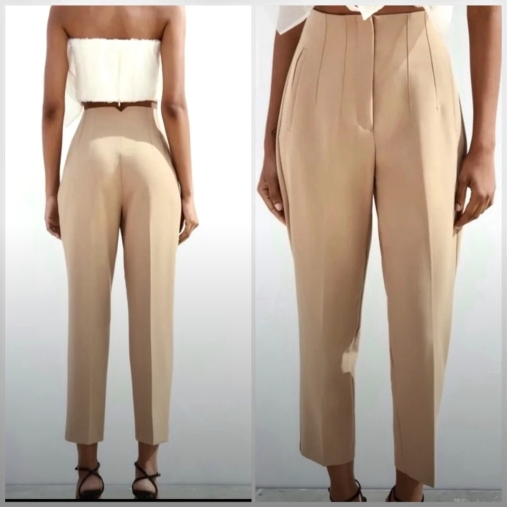 NWOT Zara Khaki Tan High Waist Pants Trousers Size Medium‎